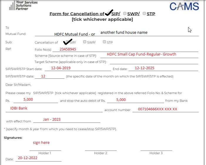 CAMS SIP Cancellation Sample format